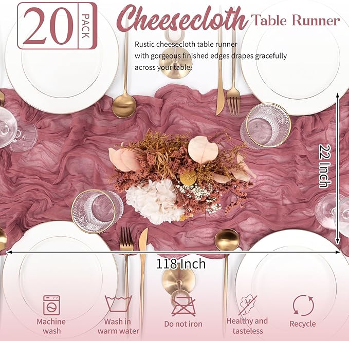 20 Pack Dusty Rose Table Runner 10FT Long Cheesecloth Table Runner Cheese Cloth Gauze for Wedding Party Birthday Decoration-Dusty Rose