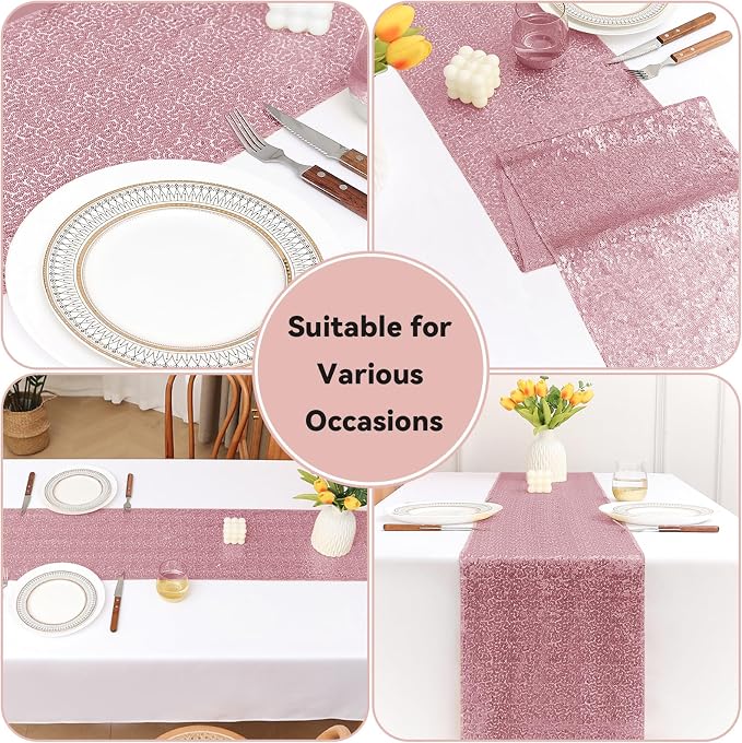 Sugargirl 10 Packs 12 x 72 inches Sequin Table Runner, Glitter Rose Pink Table Runner for Birthday Party Supplies Wedding Holiday Celebration Event Decorations