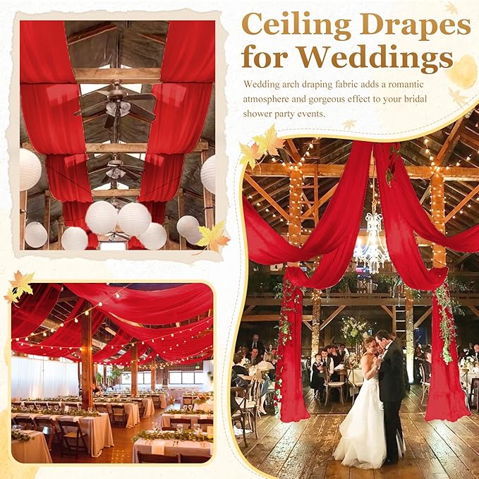 MODFUNS 4 Panels Red Ceiling Drapes 5FTx20FT Chiffon Fabric Draping Fabric Sheer Wedding Ceiling Drapery Chiffon Curtains for Backdrop Swag Drape Curtains for Wedding Arches Anniversary Tent Draping