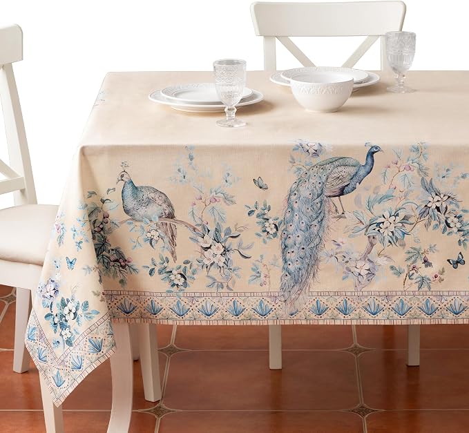 Maison d' Hermine Premium Table Cloth Rectangle Table 100% Combed Cotton 90 x 70 Inches Tablecloth Reusable Decorative for Dining Room Farmhouse Party Festive Wedding - Peacock Utopia - Sandy Beach
