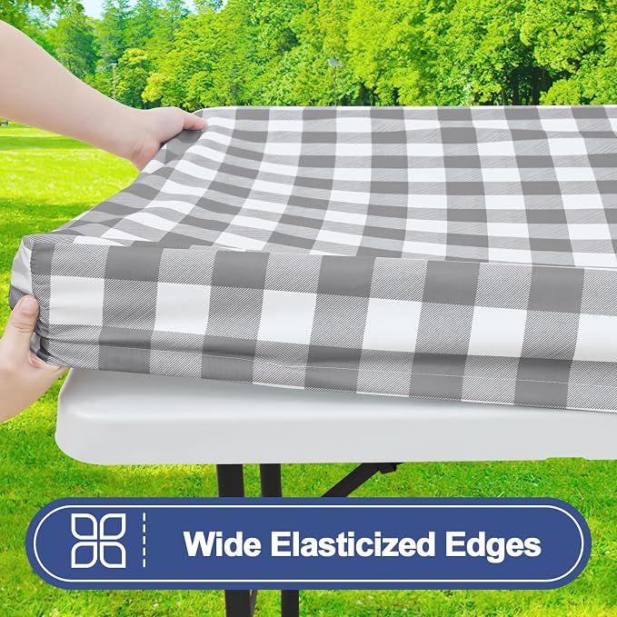 Smiry Picnic Table Cloth 6 Pack, Waterproof Elastic Fitted Tablecloths for 24x48 Rectangle Tables, Washable Polyester Buffalo Plaid Tablecloth for Camping, Dining & Outdoor (Grey & White, 24" x 48")