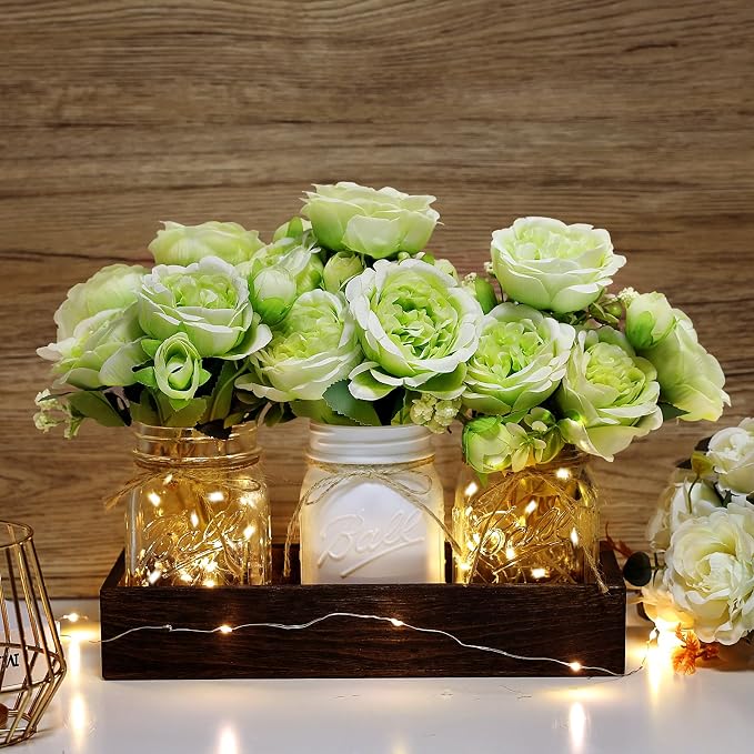 Green Mason Jar Table Centerpiece with Light for Kitchen Dining Room | 3 Piece Farmhouse Coffee Table Decor with Fake Flowers Wood Tray for Living Dining Room Bathroom Wedding Outdoor Decoration