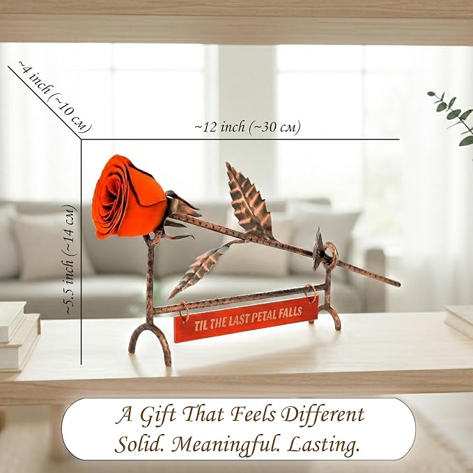 Copper Rose with Orange Bud & Engraved Bronze Plate – 8th & 19th, Personalized Metal Rose, Unique Romantic Gift, Statement Home Decor