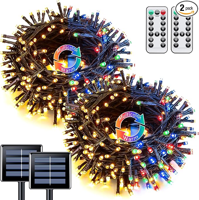 JMEXSUSS 2 Pack Solar String Lights Outdoor Waterproof, Total 66 FT 200 LED Solar Christmas Lights Outdoor, Twinkle Light for Christmas Tree Outside Garden Yard Xmas Decor, Warm White to Multicolor