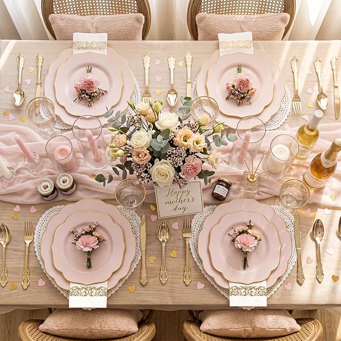 NOCCUR 175PCS Pink Plates with Gold Disposable Silverware - Include 50 Pink Plastic Plates,25 Knives,25 Forks,25 Spoons,25 Cups and 25 Napkins - Ideal for Party/Wedding/Mother's Day