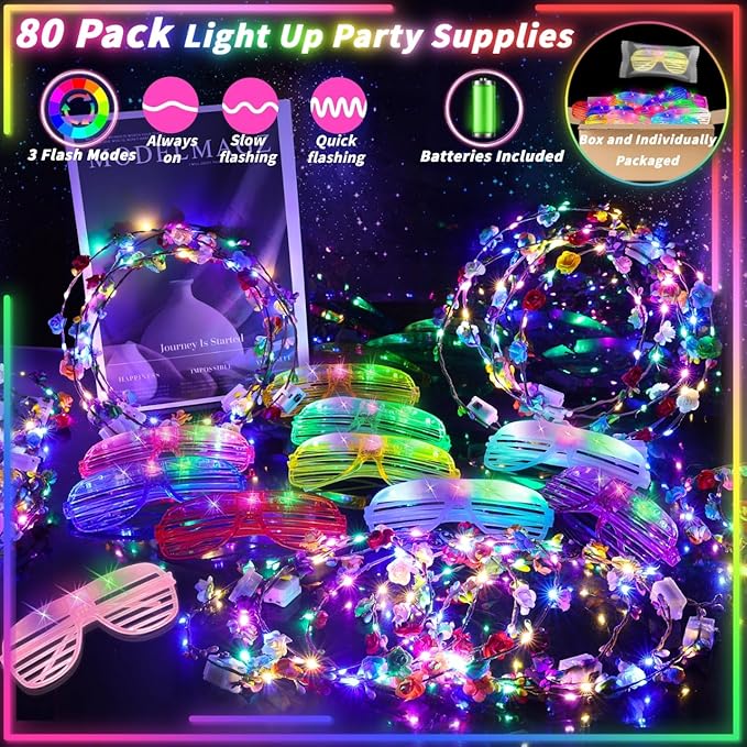 80 Pcs Glow in the Dark Party Supplies Light Up Party Favors LED Light Up Glasses LED Flower Crown Headband Glowing Floral Wreath Crown Neon Flash Glasses for Birthday Wedding Gift