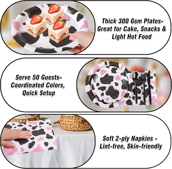 400 Pcs Disposable Pink Cow Print Tableware Set for 50 Guests | Heavy-Duty 7" & 9" Paper Plates, Cups, 13" Napkins & Plastic Cutlery for Cow Birthday, Farm and Western Party Supplies