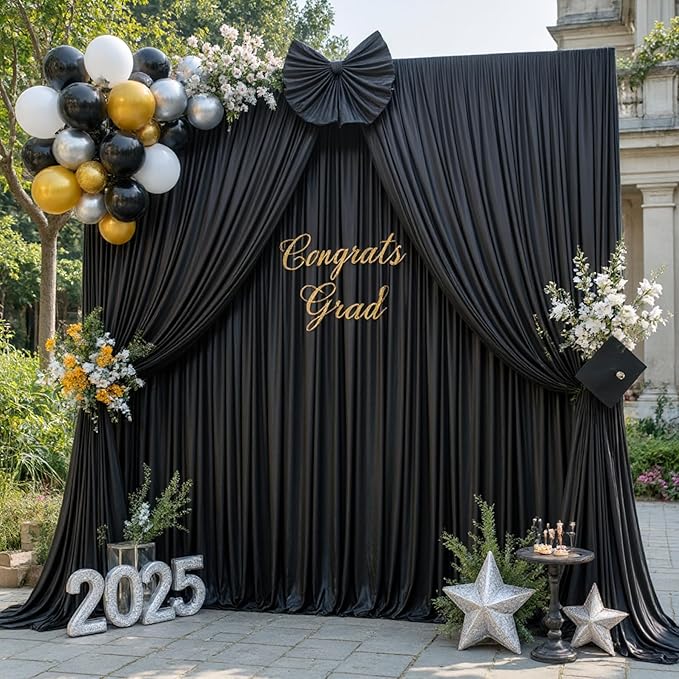 10 Panels Black Backdrop Curtain for Parties Black Wrinkle Free 50ft x 10ft Backdrop Drapes for Birthday Party Wedding Photo Photography Polyester Fabric Background Decoration