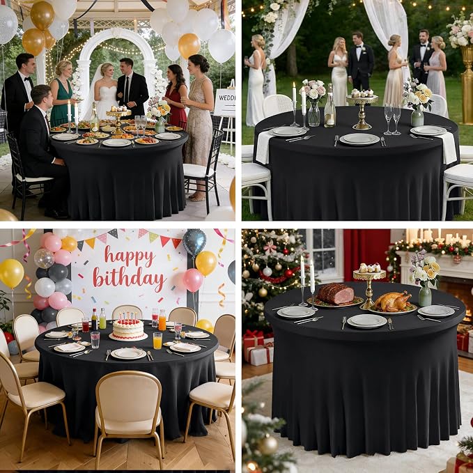 10 Pack Black Round Spandex Tablecloths for 60inch Tables, Stretchy 120inch Fitted 5FT Round Table Cloths Wrinkle Free Washable Table Cover with Skirt for Wedding Birthday Party Dining Banquet Events