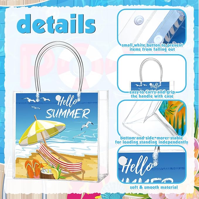 Teenyyou 24 Pcs Pool Party Favor Bags Summer Pool Beach Theme Designs Clear Gift Bags Reusable PVC Tote Container with Handles for Baby Shower, Bridal Shower, Wedding, Birthday Party Supplies