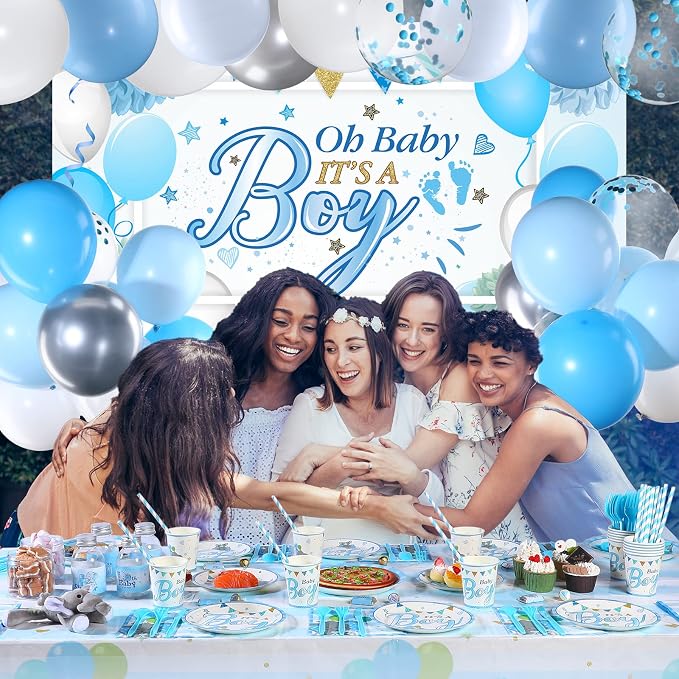 Chengu 194 Pcs Elephant Baby Shower Party Supplies - Blue It's a Boy Backdrop Banner, Tablecloth, Tableware & Balloons Party Decorations for Baby Showers Gender Reveal(Boy Style)