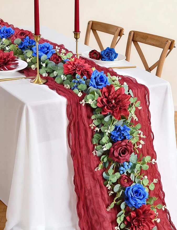 Waipfaru Flower Garland, 6.07Ft Eucalyptus Greenery Garland, Rose Floral Vines for Wedding Table Runner Centerpieces Backdrop Decor (Red Blue)