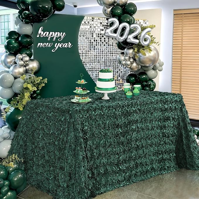 B-COOL Dark Green Rosette Tablecloth Rectangular Satin Table Covers 90x156 Inch 3D Floral Table Overlay for Party Wedding Holday Prom Ceremony Decor