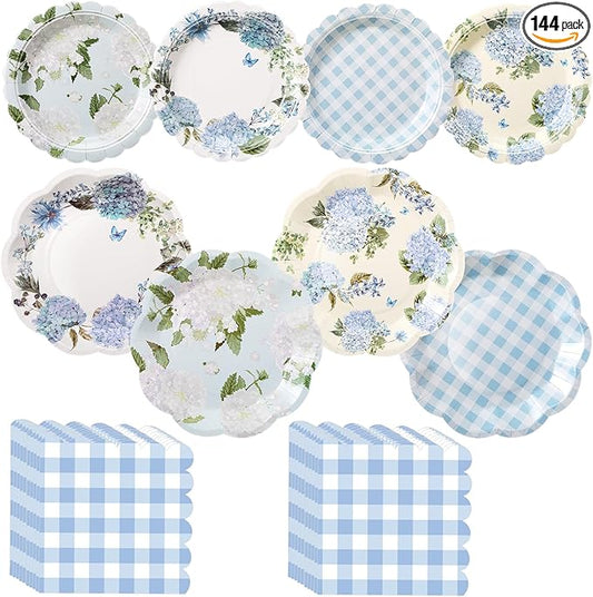 144 Pcs 48 Guests Hydrangea Party Plates and Napkins Blue White Hydrangea Paper Plates Napkins Flower Floral Checkered Disposable Tableware for Vintage Baby Shower Wedding Tea Party Supplies