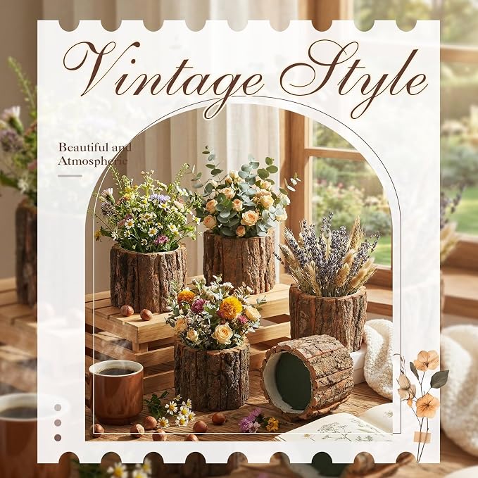 12 Set Wooden Vase for Centerpieces Wedding Flower Table Centerpieces Decor Rustic Bark Stump Bucket Farmhouse Wood Planter Pot for Woodland Party Window Home (Flower Foam,Medium)