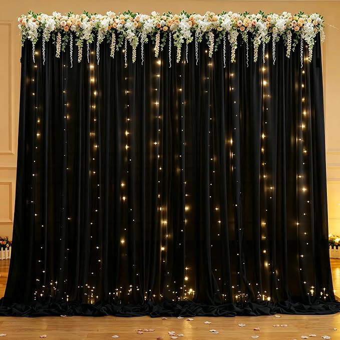 20 x 10ft Black Chiffon Backdrop Curtain with Lights String for Parties,4 Panels Sheer Tulle Curtain Wedding Backdrop for Baby Shower Birthday Party Ceremony Reception Home Decorations