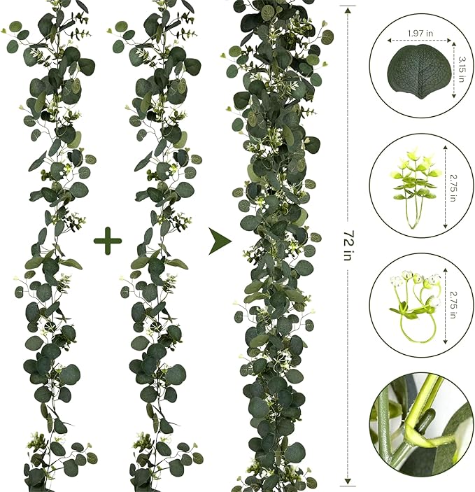 Eucalyptus Garland, 6Pcs 6FT Green Flower Garland Decor, Spring Summer Artificial Faux Eucalyptus Leaves Greenery Vines for Table Runner Wedding Arches Mantle Centerpieces Backdrop Decorations