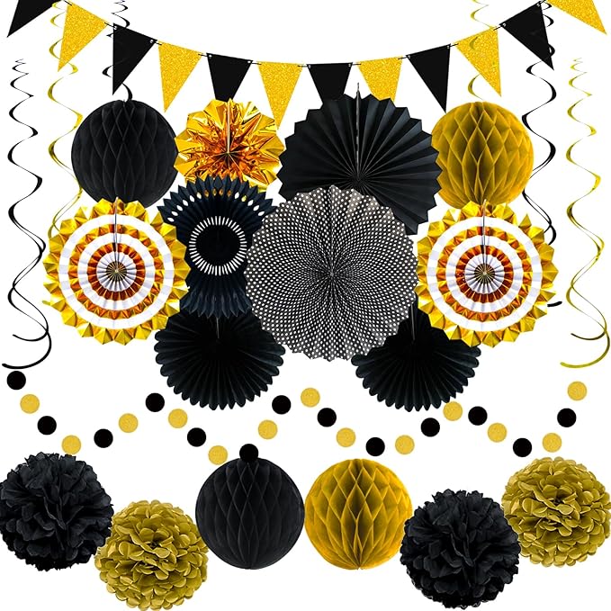 24 Pcs Black and Gold Party Decorations, Paper Fans Honeycomb Pom Poms Pennant Garland, Reusable Hanging Supplies for 2026 Graduation Birthday New Year Wedding Anniversary