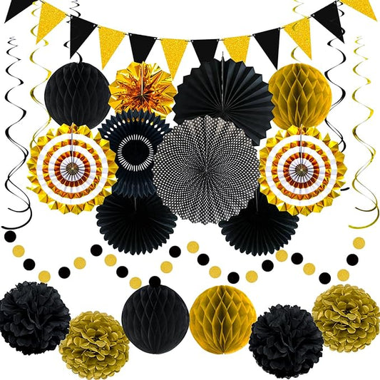 24 Pcs Black and Gold Party Decorations, Paper Fans Honeycomb Pom Poms Pennant Garland, Reusable Hanging Supplies for 2026 Graduation Birthday New Year Wedding Anniversary