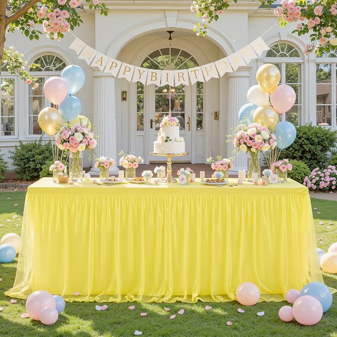 4 Pack Yellow Tulle Tablecloth for 6 Foot Rectangular Tables 6ft Yellow Rectangle Table Cloths Wrinkle Free Table Cover with Tutu Skirt for Birthday Cocktail Banquet Buffet Lemon Fruit Party Decor