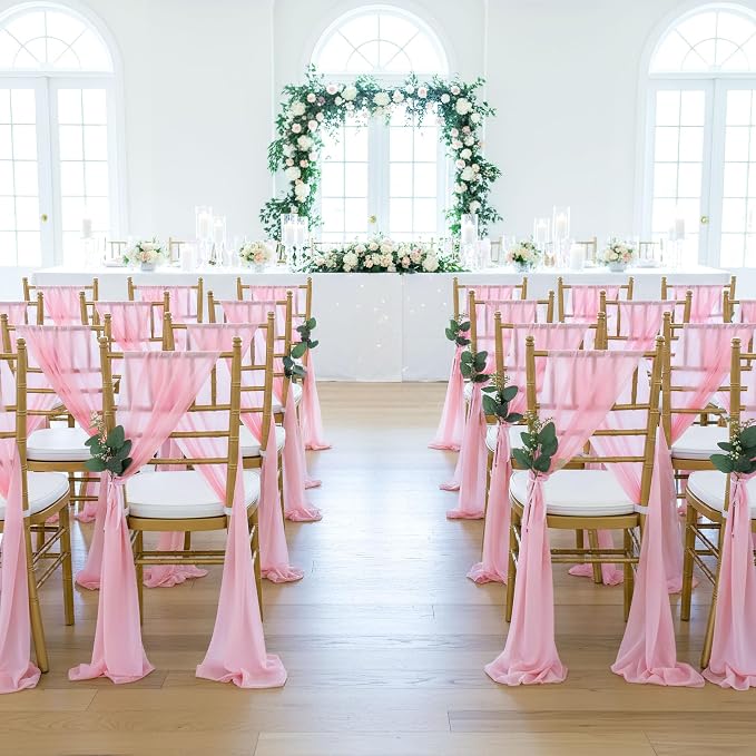 QueenDream Pink Chair Sashes Wedding Aisle Decorations: 24 Packs 8ft Long Draping Fabric Sheer Church Chair Cover Bulk for Party Banquet
