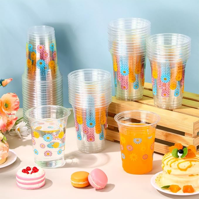 Hushee Colorful Daisy 60 Pcs Party Cups 16 oz Plastic Disposable Drinking Cups for Birthday Love Baby in Bloom Baby Shower Summer Fresh off The Market Bridal Shower Decorations Supplies