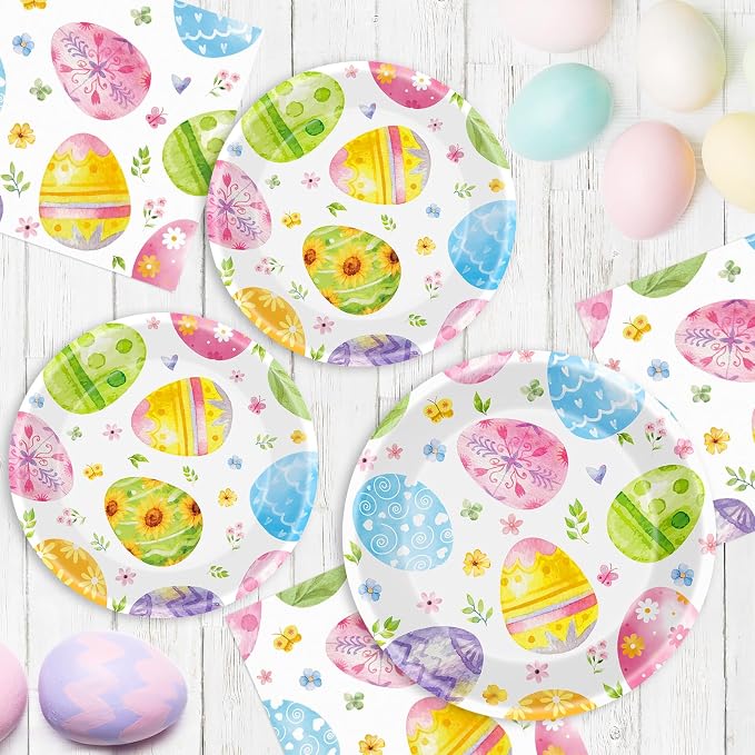 150 Pack Happy Easter Plates and Napkins Sets - Disposable Spring Paper Plates Napkins Dinnerware, Watercolor Easters Eggs Dessert Dinner Plate for Easter Party Supplies Table Decorations, Serve 50