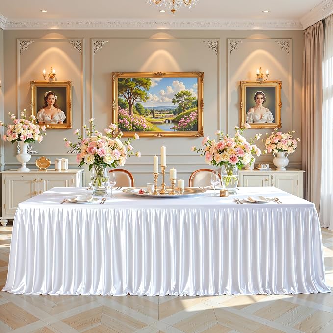 White Satin Tablecloths Rectangle 4FT, Glitter Spandex Fitted Stretch Table Covers Wrinkle-Resistant Floor Length Shimmer Pleated Table Skirt for Weddings Parties Baby Shower Banquets Vendor Events