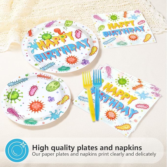 96Pcs Virus Theme Party Decorations Colorful Cells Virology Theme Plates and Napkins Happy Birthday Tableware Set for Kids Birthday Baby Shower Party Decorations Serves 24