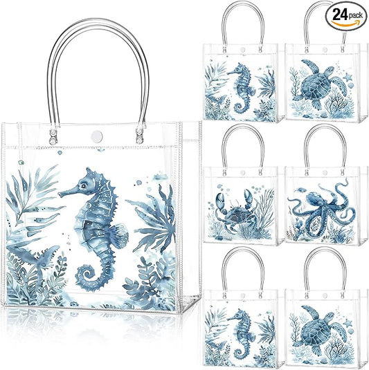 Teenyyou 24 Pcs Ocean Party Favor Bags Under the Sea Animals PVC Clear Gift with Handle Birthday Baby Shower Supplies Ocean Theme Goodie Candy Treat Tote Decorations
