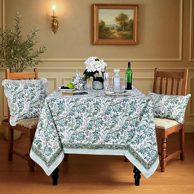 Ridhi Sage and Russian Green Hand Block Print Cotton Rectangle Tablecloth 120" x 80" inches Reusable Table Cover Decorative Everyday Use for Dining Room, Farmhouse, Home Gift for Spring, Mother's Day