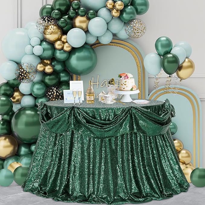 B-COOL Round Tablecloth Party Decorations: 132 Inch Table Cloth Emerald Green Large Sequin Fabric Overlay for Indoor Outdoor Dining Parties St. Patrick's Day Graduation