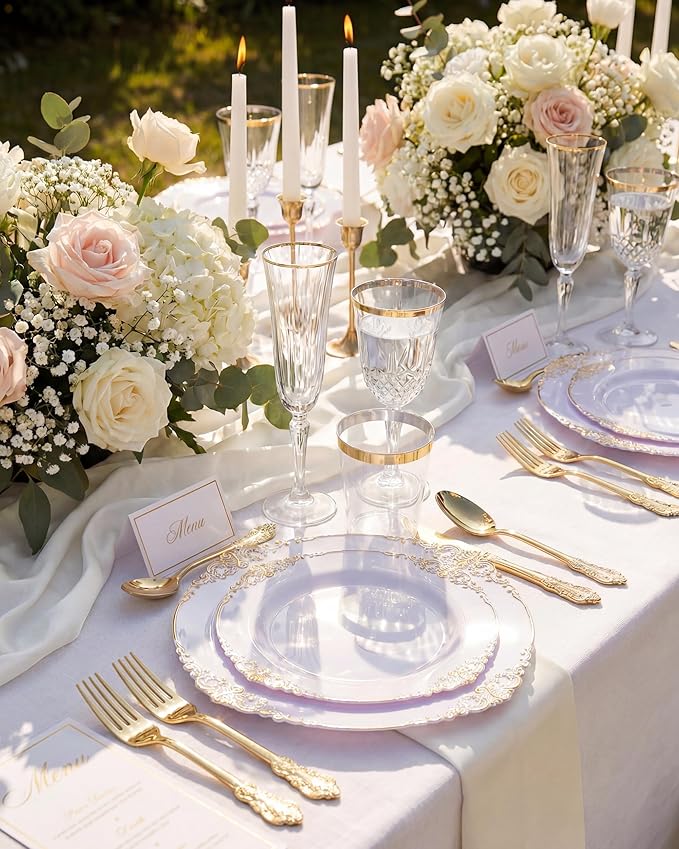 Nervure 350PCS Gold Plastic Dinnerware - White and Gold Disposable Plates for 50 Guests - 100 White Disposable Plates, 150 Plastic Silverware, 50 Cups, 50 Napkins for Wedding & Party & Mother's Day