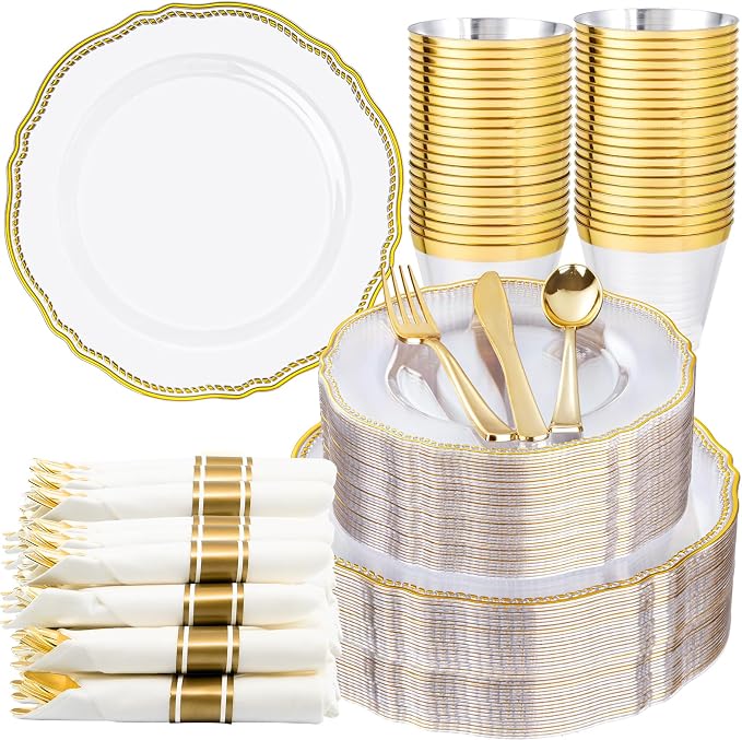 Hioasis 350pcs Clear Gold Plastic Plates - Gold Plastic Dinnerware Set Includes 50 Dinner Plates, 50 Dessert Dinnerware, 50 Cups, 50 Rolled Napkin Cutlery Perfect for Wedding & Party