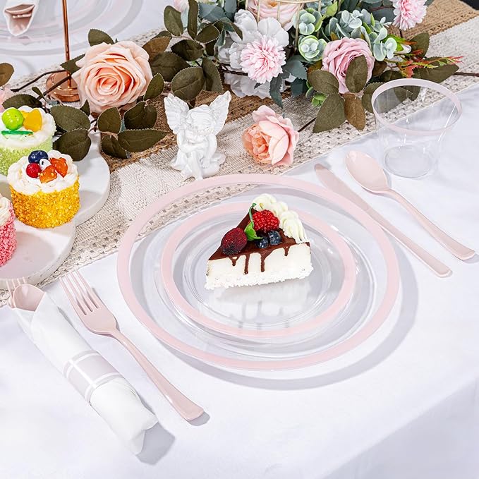 I00000 350 Pcs Clear Pink Plates for 50 Guests, Pink Dinnerware Include 100 Plates, 50 Cups, 50 Pre Rolled Napkins with Cutlery Set for Party, Wedding