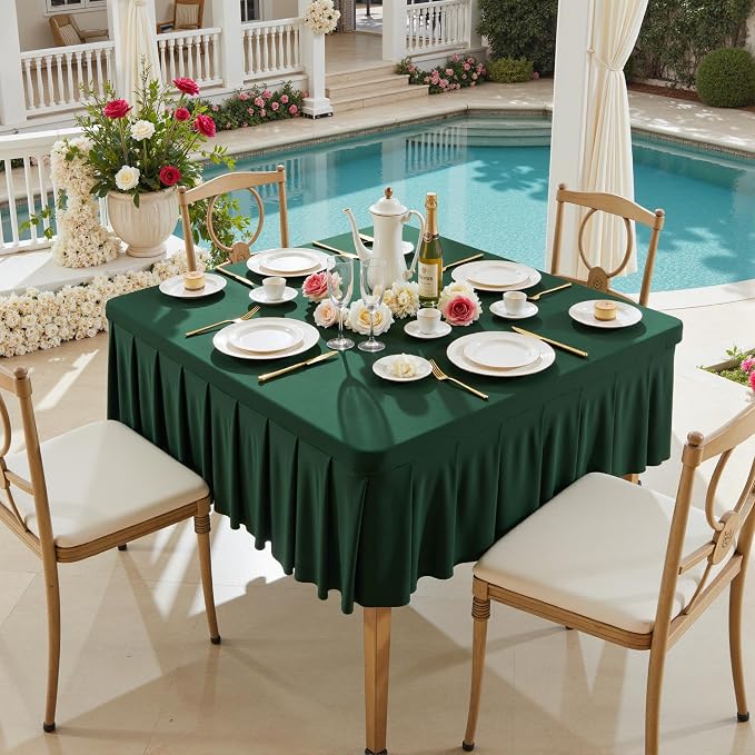 Wish Care Hunter Green Spandex Tablecloths for 34x34 Inch Square Tables, Stretch Fitted Table Clothes with Pleated Ruffle Skirt for 34” Table, Wrinkle Free and Elastic, for Party Kitchen Home Dining