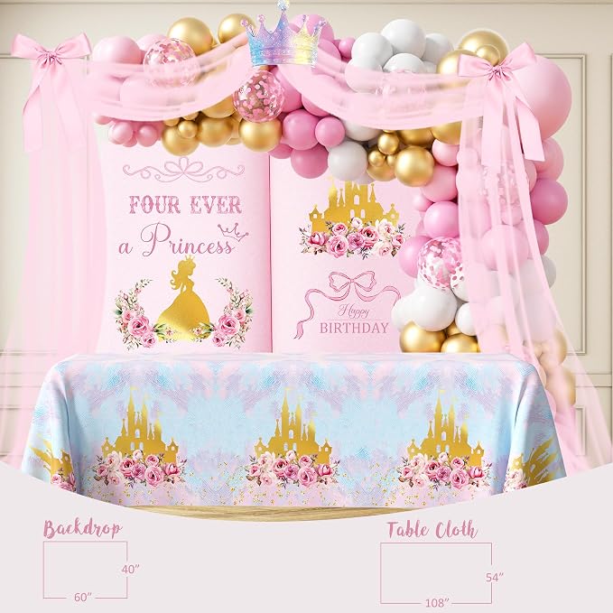 Four Ever a Princess Birthday Decorations, Princess 4th Birthday Party Decoration Supplies, Balloon Garland Castle Balloon Tablecloth Backdrop Cake Topper