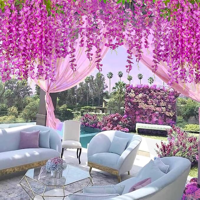AITISOR 24 Pack Artificial Fake Wisteria Vine Ratta (3.75 Feet) Hanging Garland Silk Flowers String Home Party Wedding Decor(Purple)