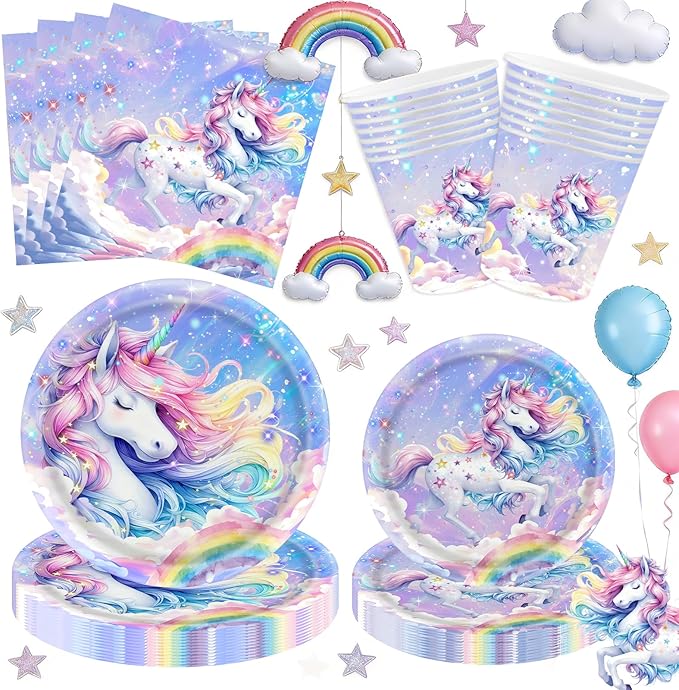 80pcsPegasus Party Supplies Set - Whimsical Ombre Mane & Rainbow Horn Design, Includes Dinner Plates,Dessert Plates, Napkins, Cups for Kids' Magical Fairy Tale Birthday Party Decorations, Serve 20