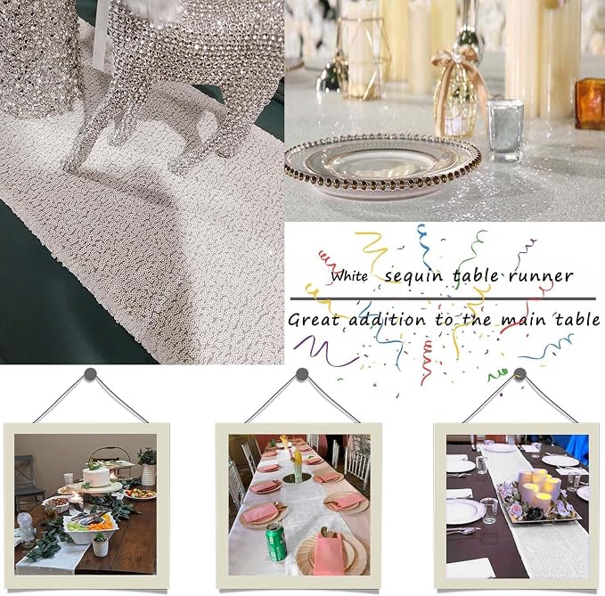 White Sequin Table Runner 12"x72" 2 Packs Glitter Table Runner White Table Runner for Graduation Baby Bridal Shower Wedding Birthday Party Christmas