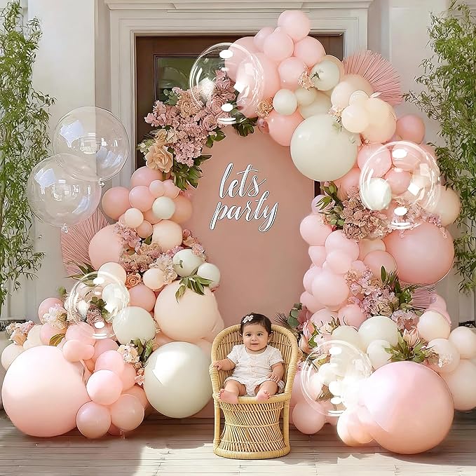Pastel Pink White Balloon Arch Double Stuffed Light Pink White Sand Beige Balloon Garland Kit Peach Ivory Cream Balloons for Birthday Baby Shower Valentines Bridal Shower Wedding Princess Party Decor