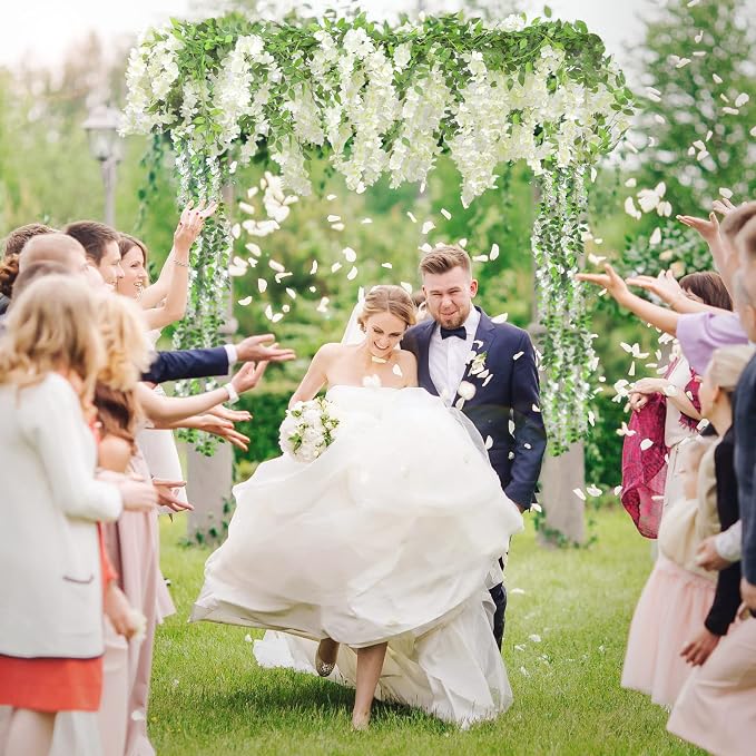 Findosom Wisteria Artificial Flowers Garland, 4Pcs Total 28.8FT White Wisteria Hanging Flowers, Flower Garland Decorations for Home Garden Outdoor Ceremony Wedding Arch Decoration