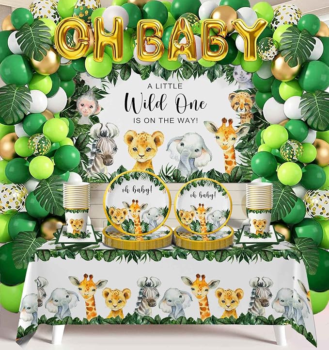 Yuzioey 224PCS Safari Baby Shower Decorations, Jungle Animals Oh Baby Party Supplies, Safari Disposable Dinnerware (Serve 24 Guests)with Paper Plates Cups, Backdrop Tablecloth Balloon Garland Kit