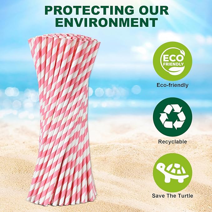 10.25" Long Pink/White Striped Disposable Paper Drinking Straws Bulk - Unwrapped [600 Counts]