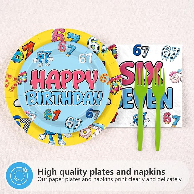 96Pcs 6 7 Birthday Decorations 6-7 Birthday Plates and Napkins Six Seven Themed Disposable Paper Tableware Set for Kids Boys Girls I was 6 Now Im 7 Party Supplies Serves 24