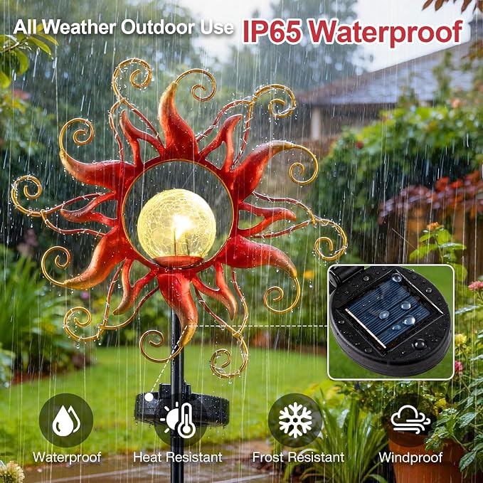 Solar Lights Outdoor Waterproof Red Sun Metal Crackle Glass Stake Decorative for Outside,Yard,Lawn,Patio,Walkway Mothers'Day Gifts Mom Grandma Garden Lover