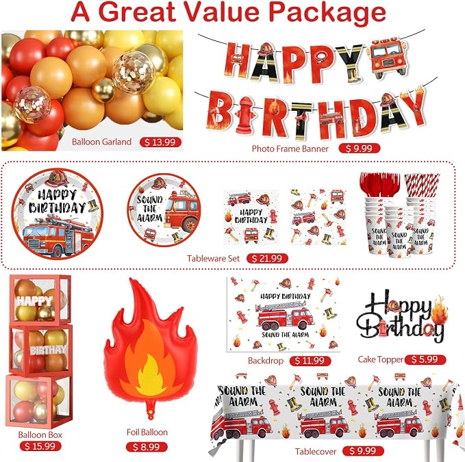 234pcs Firetruck Birthday Decorations, All-in-one Set Includes 300gsm Paper Plates Waterproof Plastic Tablecloth and 105 Balloons, Fire Truck Birthday Decorations for Firefighter Party