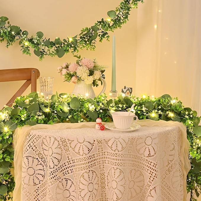 8Pcs Eucalyptus Garland with Lights, Greenery Garland, Green Garland with Flowers, 5.9FT Artificial Faux Eucalyptus Leaves Vines for Table Mantle Home Wedding Party Indoor Outdoor Decor（2 Long Lights）