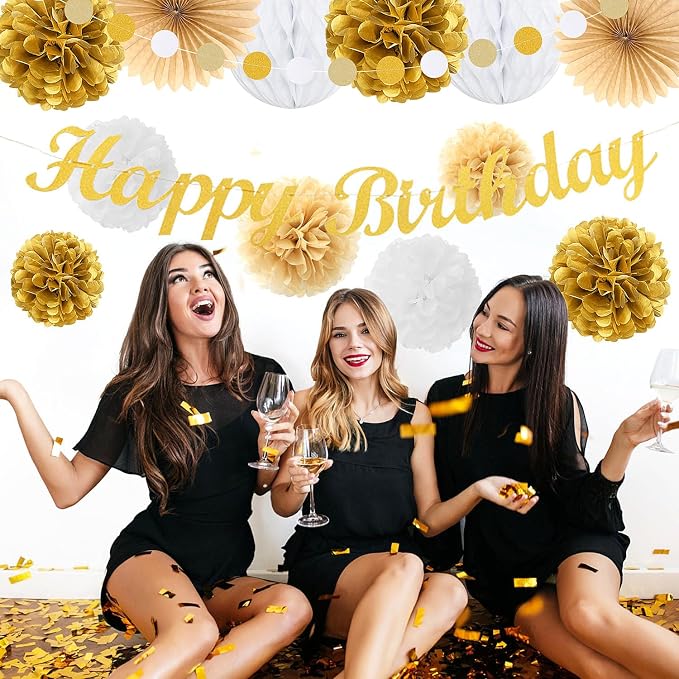 White-Gold Champagne Birthday Party-Decorations Paper-Flowers - 14pcs Happy Banner Engagement Honeycomb Tissue Pom Poms,Women Streamers Garland Beige Fans,21st 18th Girl Hanging Supplies Decor Hugfond