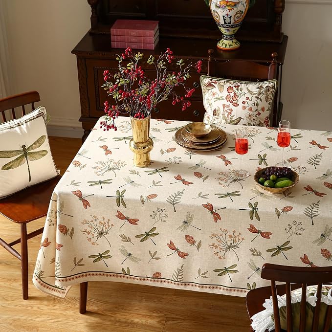 ISAENNE Designer Rectangular Elegant Linen Tablecloth,94"x63"-Grace B | Vintage French Printed Table Cloth Rectangle Table,Dragonfly Pattern,Durable,Heavyweight,Dining,Kitchen,Thanksgiving